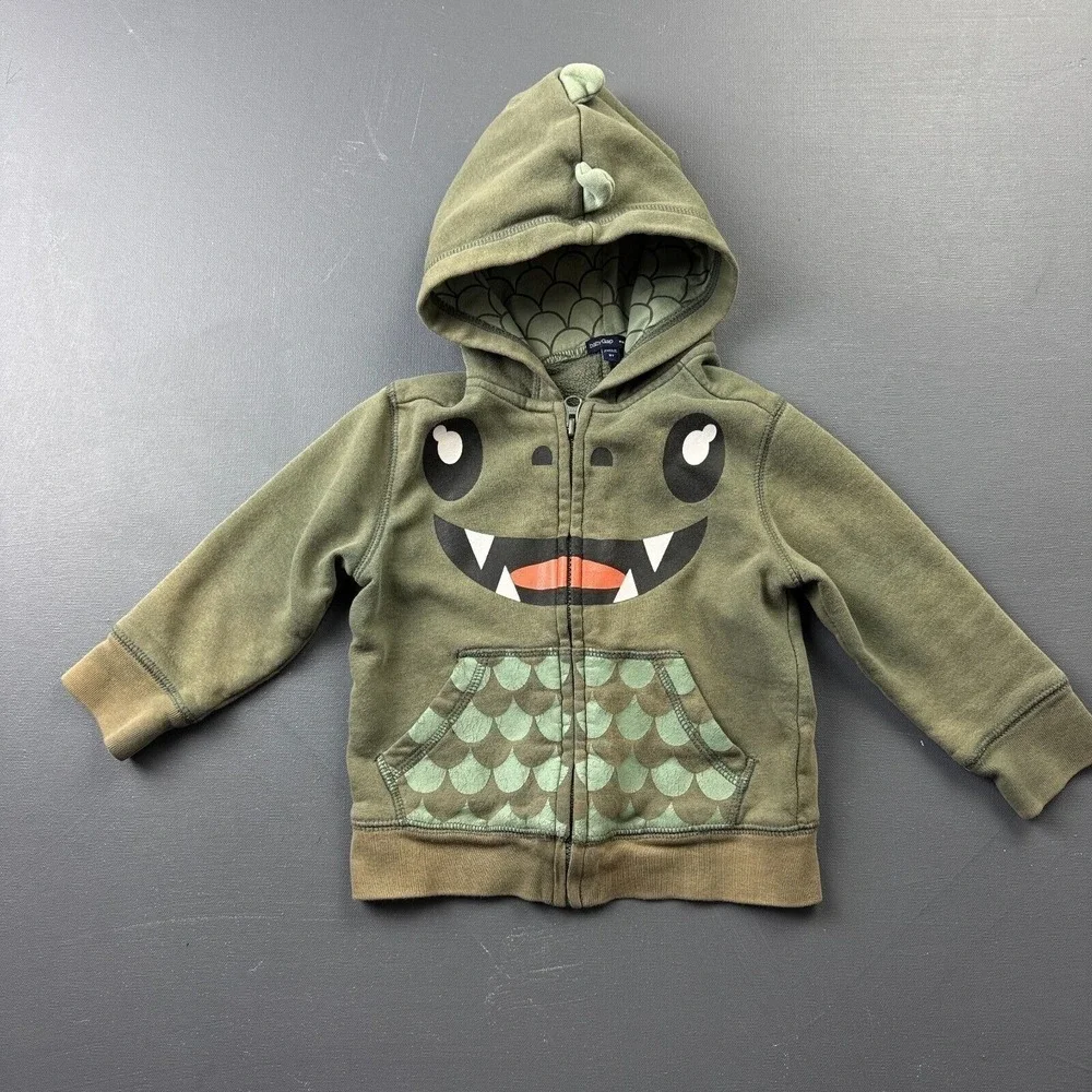Baby Gap Hoodie Toddler Boy 2T Green Dinosaur 3D Spikes Fleece Zip Up Sweatshirt